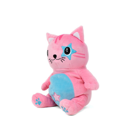 The Kandy Kat Starlight Buddy Plushie is a soft pink cat with a blue star over its right eye, a light blue belly, and pink and blue paws, sitting upright against a plain white background.