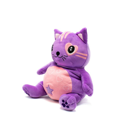 The Juliet the Cat Starlight Buddy Plushie is a soft purple cat with large round black eyes, a pink nose, and a belly adorned with star and heart designs. Its plush body sits against a white background.