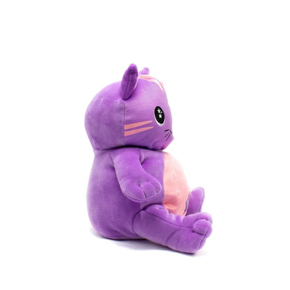 A side view of Juliet the Cat Starlight Buddy Plushie, a soft purple plushie cat with a rounded body, pink cheeks, and a peach belly with heart patterns. The ears and whiskers stand out against a white background.