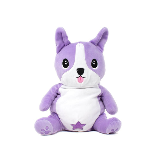 A purple corgi plush toy with large, cute ears, cute embroidered eyes, a small smile, and small little arms.