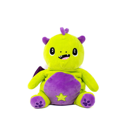 Green dragon with purple ears and purple belly soft plush stuffed animal pillow plushie for cuddling and sleeping