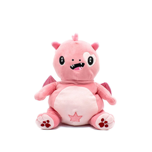 Introducing Eros the Dragon Starlight Buddy Plushie, an adorable pink plush dragon with ultra-soft fabric. It has small wings, large eyes, a big smile, a heart-shaped patch on one eye, and a star on its belly—ideal for Valentine's Day.