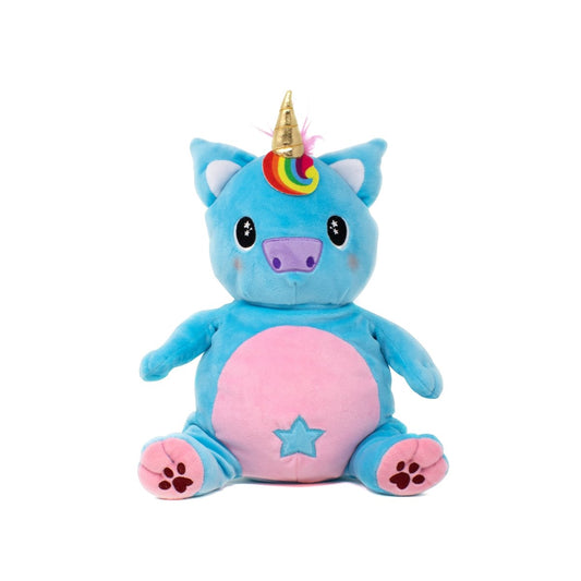 Sparkle the Unicorn Starlight Buddy Plushie is an adorable plush toy featuring a blue unicorn with a golden horn, rainbow accents, large embroidered eyes, a pink belly adorned with a blue star, and pink paws with dark paw prints.