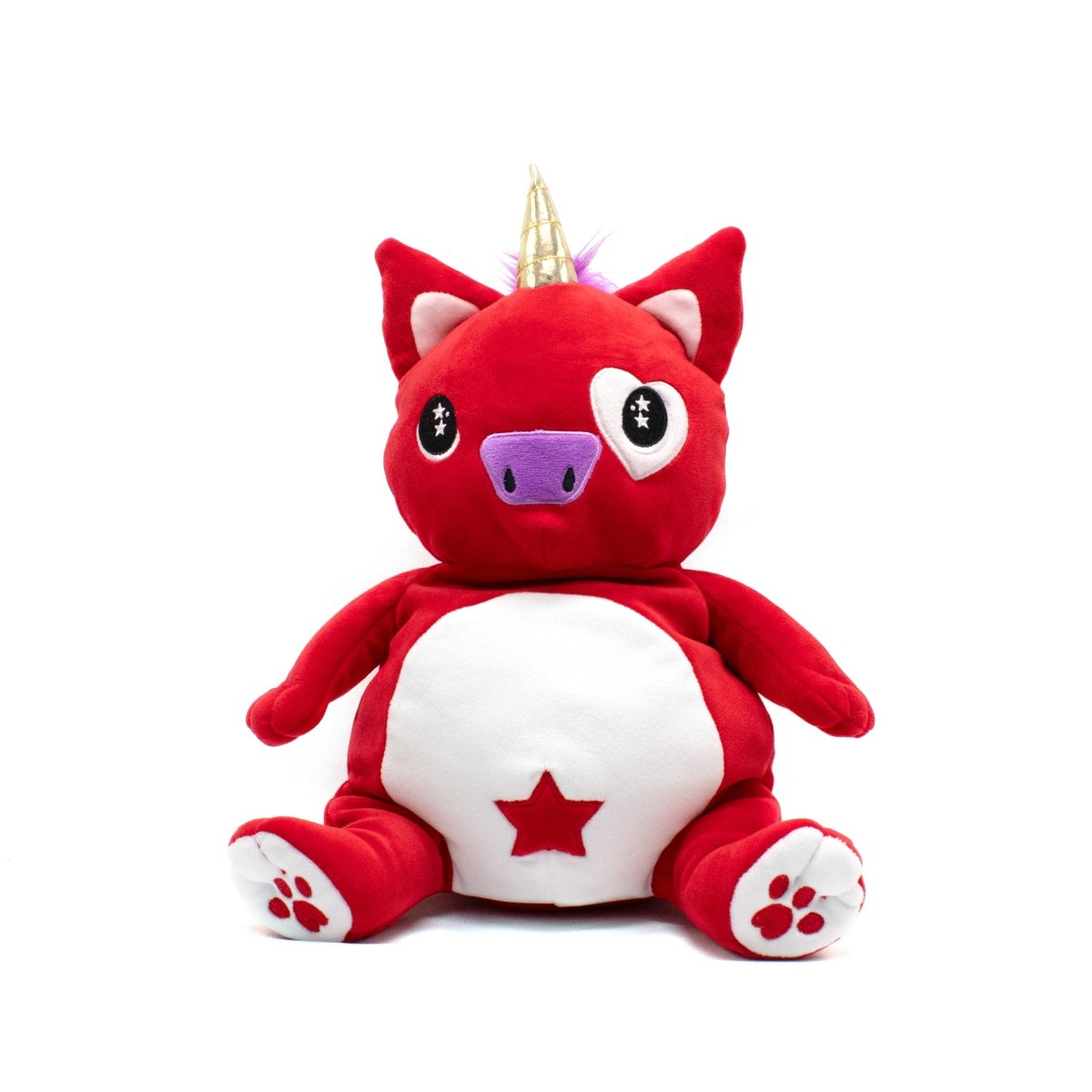 Alma the Unicorn Starlight Buddy Plushie combines unicorn and bear features with a red color, white accents, a golden horn, heart-shaped eye patch, star on its belly, purple nose, and paw prints on its purple paws for a magical look.