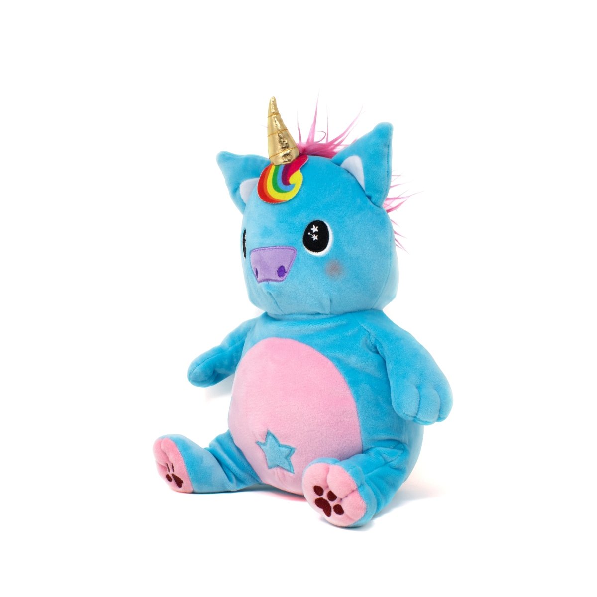 Sparkle the Unicorn Starlight Buddy Plushie is a soft, blue unicorn toy with a rainbow horn, pink belly, star detail, pink hair tuft, and large shiny eyes. This adorable stuffed animal sits against a white background.