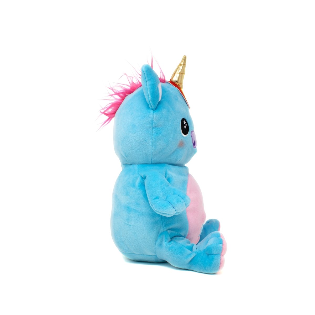 Sparkle the Unicorn Starlight Buddy Plushie, in blue, showcases a golden horn, pink mane and tail. It sits in a side view on a white background with light pink belly and nose, plus embroidered black eyes—perfect for any plushie collection!.