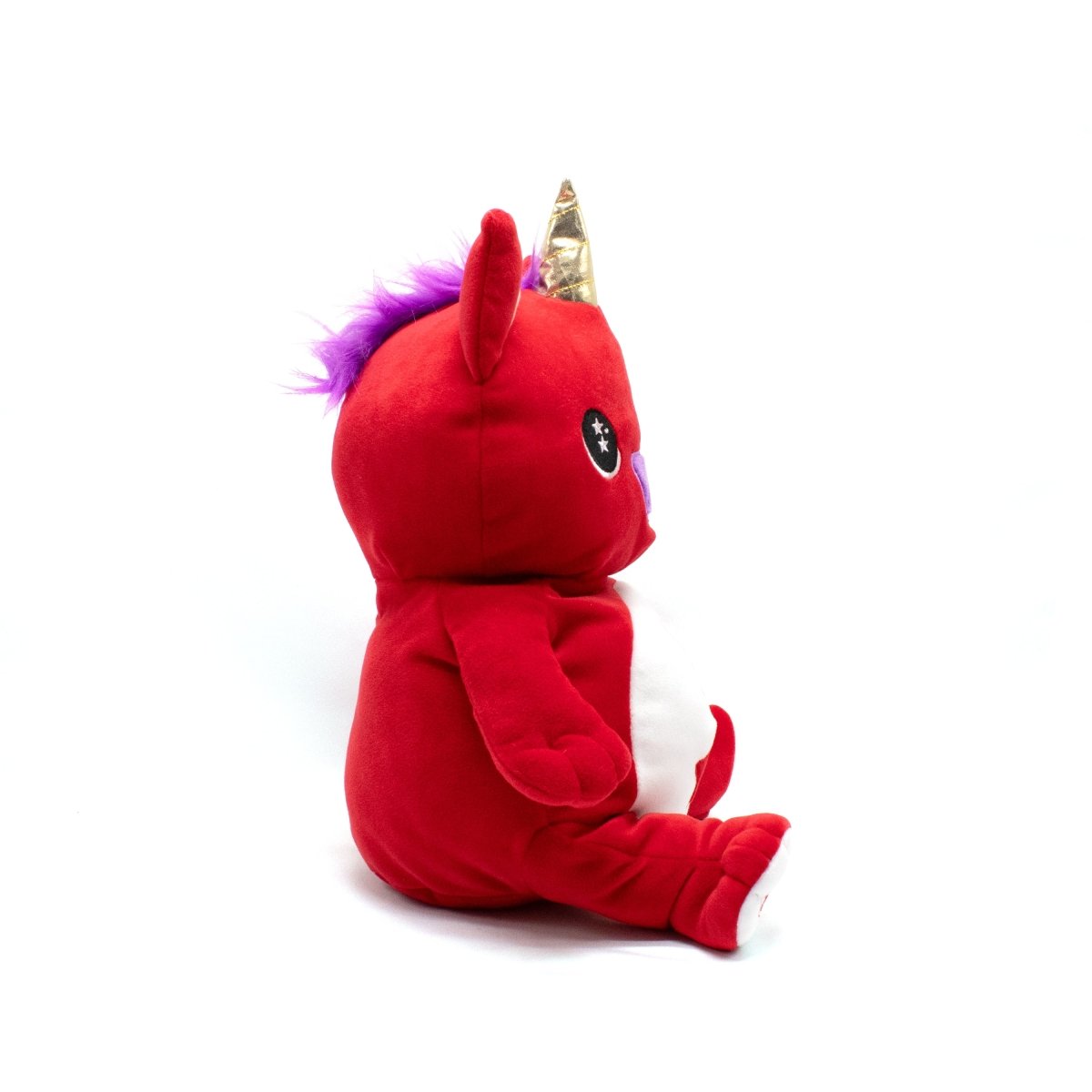 Alma the Unicorn Starlight Buddy Plushie sits upright against a plain white background, featuring a red body, purple mane, golden horn, small tail, and embroidered eyes that effortlessly capture hearts.