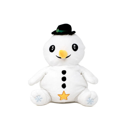 Meet Jack the Snowman Starlight Buddy, a cute plush toy with a black hat, starry eyes, carrot nose, and buttons. It has yellow star and snowflake designs on its feet against a plain white background.