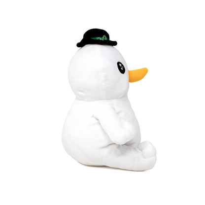 A cute plushie named Jack the Snowman Starlight Buddy sits sideways, wearing a black hat with a green band and featuring a yellow beak-like nose, set against a plain white background.