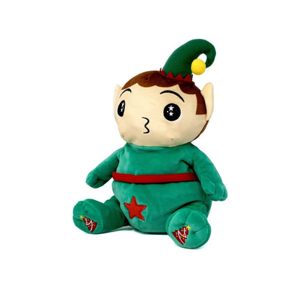 Meet Jingle the Elf Starlight Buddy, a festive plush with big round eyes, pointed ears, a green outfit with a red star on its belly, embroidered feet, and a green hat topped with a yellow pom-pom.