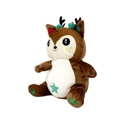 Mitzy the Reindeer Starlight Buddy is a soft, plush toy with large eyes featuring star patterns and a white belly. It has green accents, including a star on its belly and holly on its feet. This charming stuffed animal sits against a plain white background.