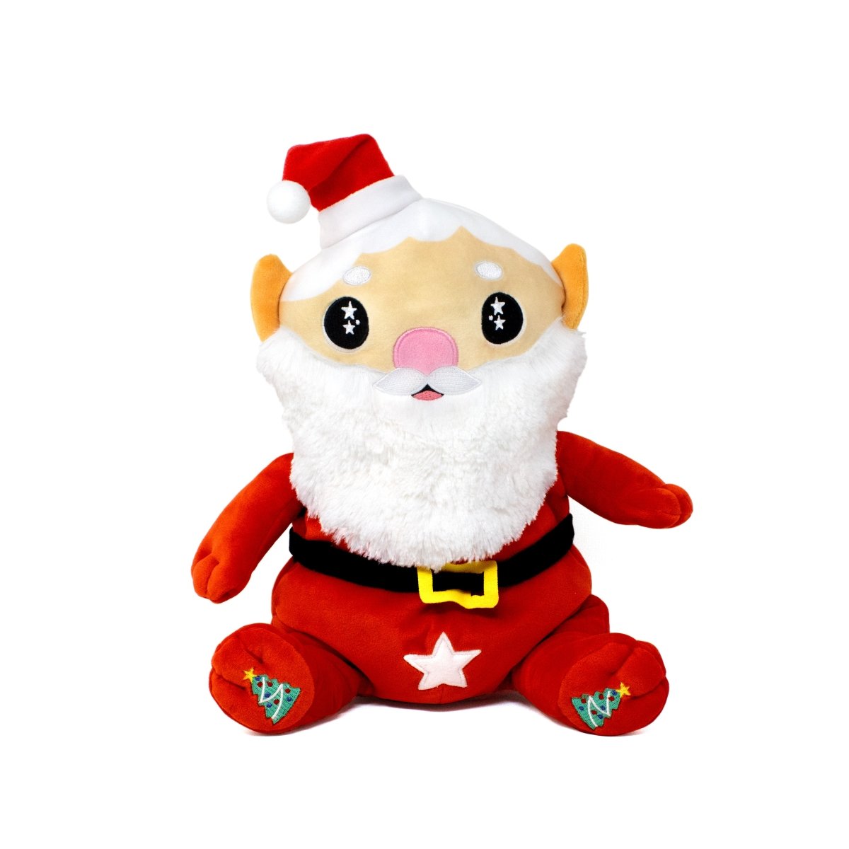 The Santa Starlight Buddy is a festive plush toy in a red suit with a white beard, star on its belly, and Christmas tree designs on its feet—perfect for holiday snuggles.