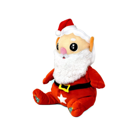 The Santa Starlight Buddy is a plush holiday stuffed animal with a red suit, white beard, black belt, red hat, large starry eyes, orange ears, and a white star on its belly—perfect for festive cuddles.