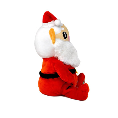 A side view of the Santa Starlight Buddy plush, featuring a red suit, white beard, black belt, and red hat with white pom-pom, sitting upright against a white background—a festive holiday stuffed animal.