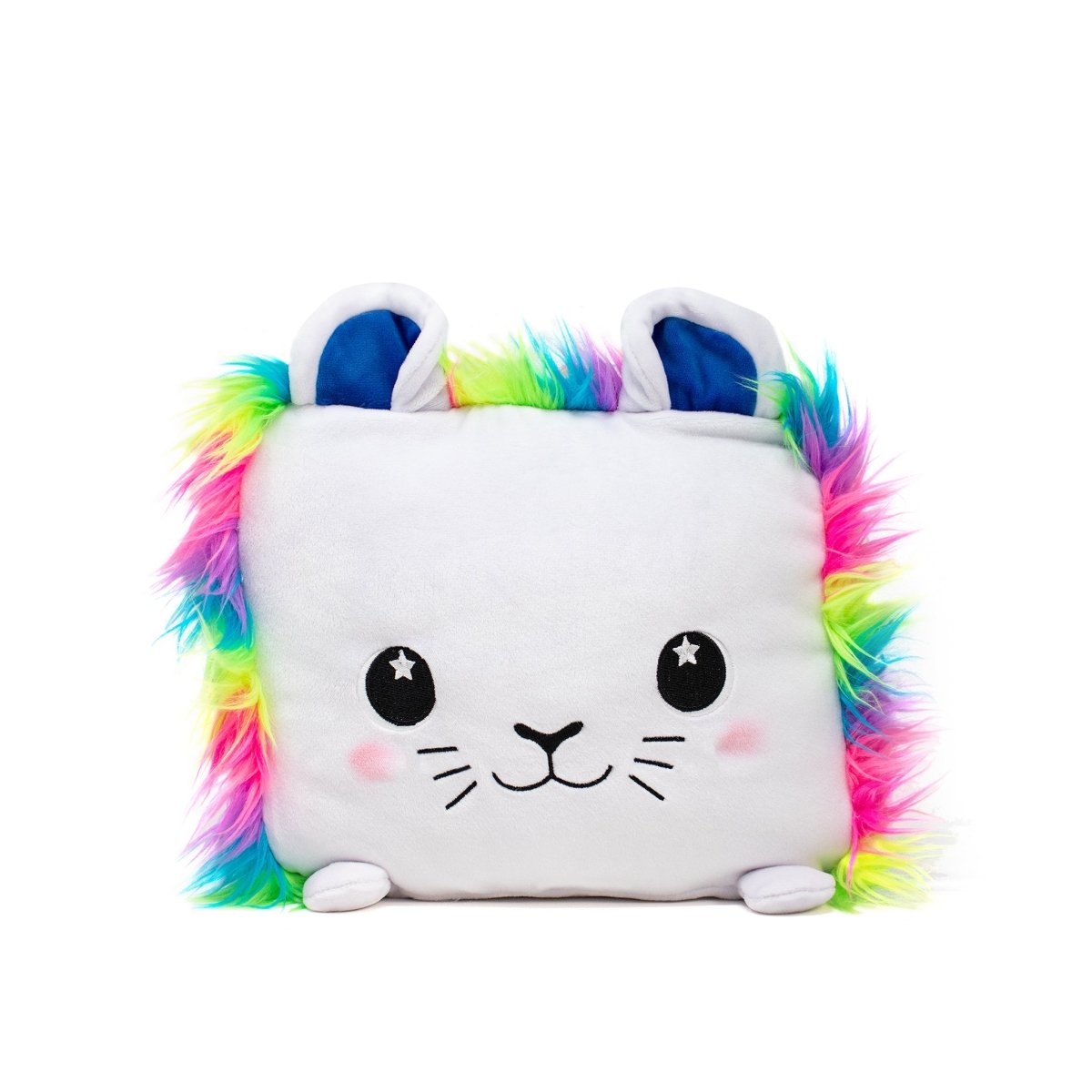 Stella the Lion Plushie is a square plush pillow resembling a cute stuffed animal, featuring starry eyes, pink cheeks, and small ears. It has colorful, fluffy rainbow fur around the edges for an irresistibly soft touch.