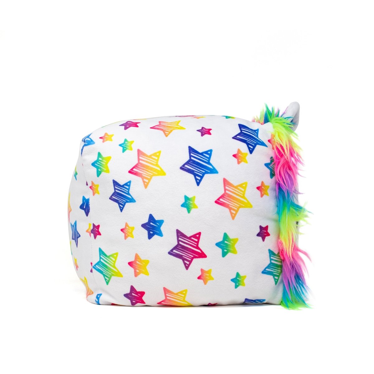 This charming Stella the Lion Plushie cube is irresistibly soft, featuring colorful stars and a multicolored mane against a white background, with vibrant shades of pink, yellow, blue, and green.