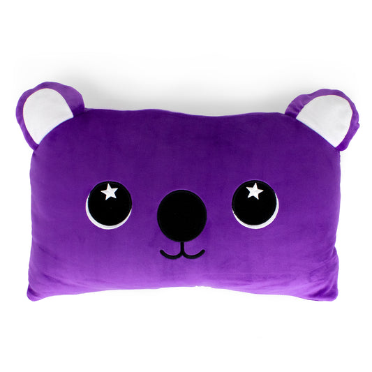 Taz the Koala Sleep Pillow is a rectangular, plush purple pillow shaped like a cartoon koala face, featuring round black eyes, a black nose, a small smile, and two round ears with white inner sections—perfect for snuggling.