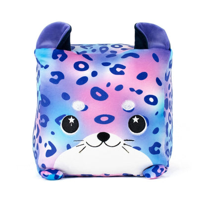 Tundra the Snow Leopard is a soft, cuddly square plush with blue, purple, and pink leopard spots, big black-and-white eyes, small ears, white cheeks, and a smiling mouth—perfect for fans of adorable stuffed animals.