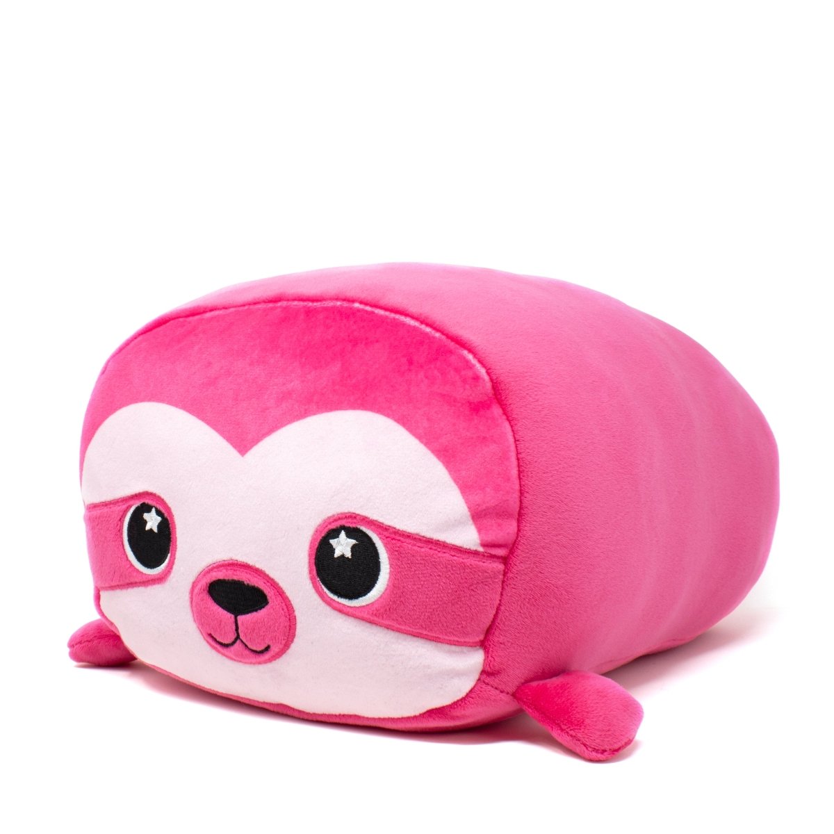 Turbo the Sloth Plushie is an adorable pink plush toy with a rectangular body, round eyes with star highlights, a small nose, and a smile. It features short, flat limbs and white accents around its face.