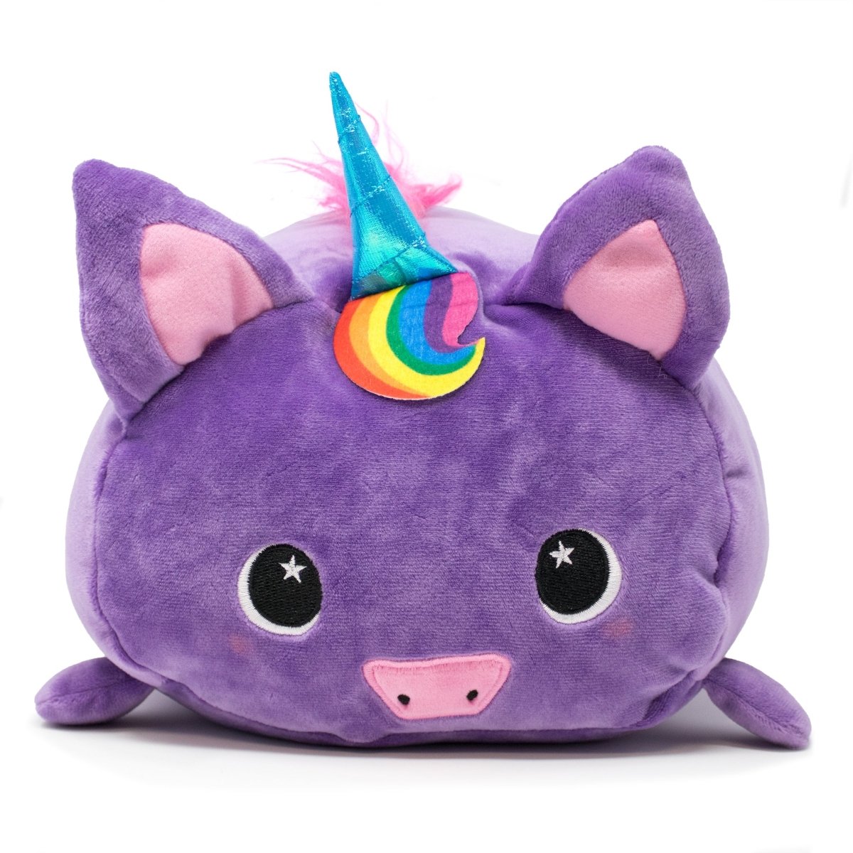 Twinkle the Unicorn Plushie is an irresistibly cute plush resembling a purple cat with a rainbow-striped unicorn horn, large eyes, pink ears, and a small snout.