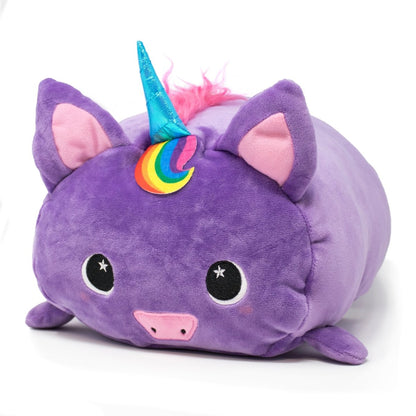 The Twinkle the Unicorn Plushie is a soft toy shaped like a purple unicorn with a blue spiral horn, rainbow on its head, pink inner ears, and expressive eyes. Its adorable pink pig-like snout enhances its cute and whimsical appearance.