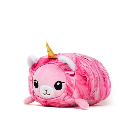 The Lucy Slumber Plushie is a cute, pink round unicorn plush toy with marbled patterns, small ears, a golden horn, and an adorably charming face.