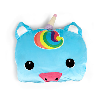 The 2-in-1 Pillow Blanket - Sparkle the Unicorn features blue fabric, a rainbow mane, pastel horn, large black and white eyes, white ears, and a pink snout in the shape of a unicorn's head on a white background.