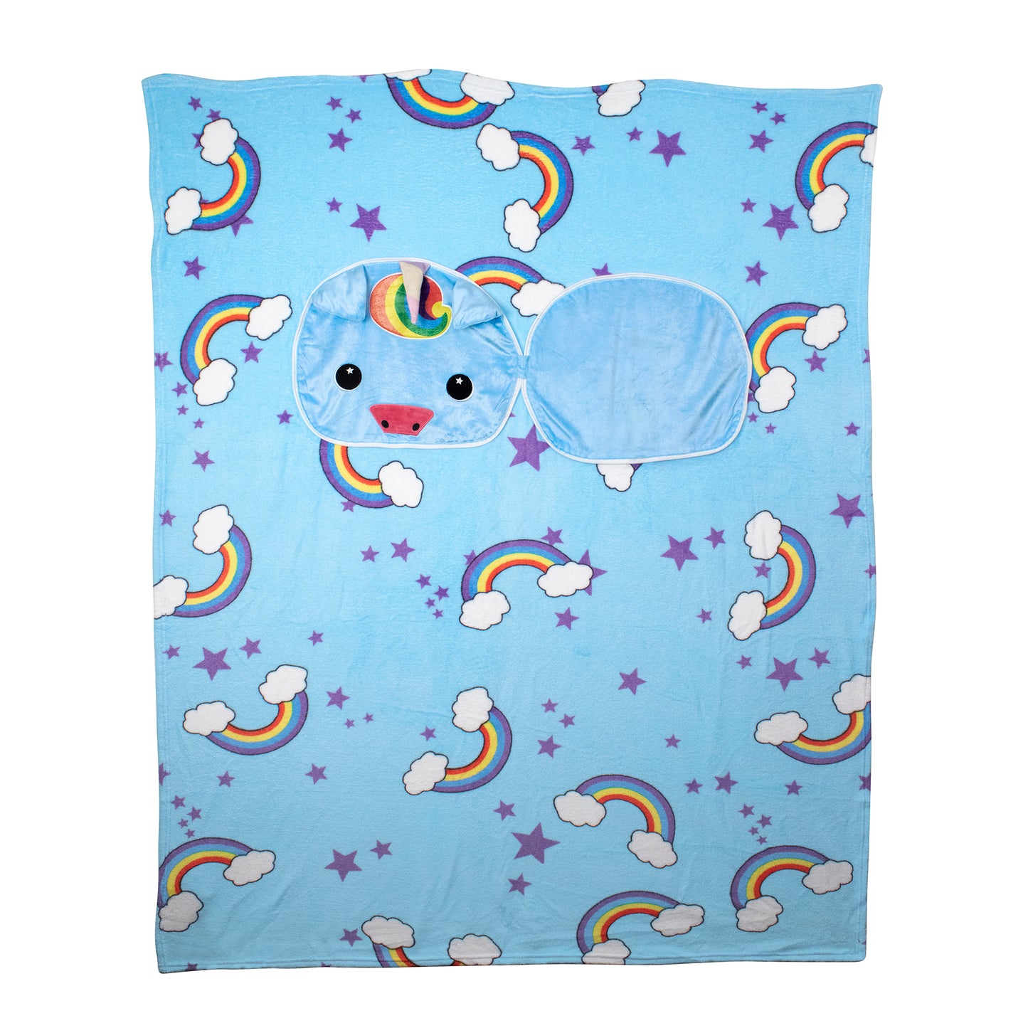 The 2-in-1 Pillow Blanket - Sparkle the Unicorn is a light blue kids fleece blanket with rainbows, clouds, and purple stars, featuring a hood styled as a unicorn face with horn, ears, and colorful mane for magical comfort.