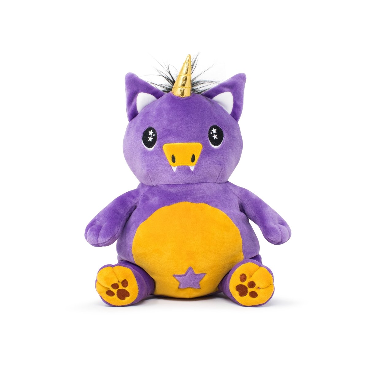 A cute purple unicorn stuffed animal featuring a yellow star on its head, perfect for cuddly playtime for kids.