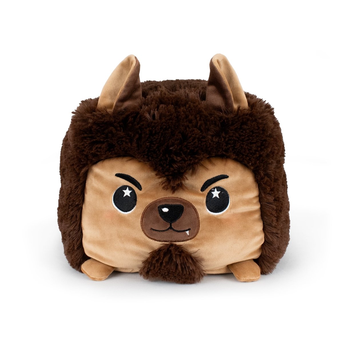 Van the Werewolf is a square, ultra-soft plush toy with soft brown fur, pointy ears, and an embroidered face with star-shaped eyes, fangs, and a playful, mischievous look.