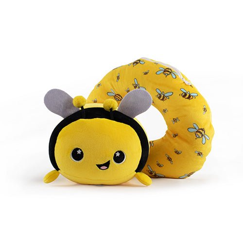 Vee the Bee 2-In-1 Travel Pillow: A whimsical yellow neck pillow featuring a smiling bee face and gray antennae, adorned with a small bee pattern on bright yellow fabric. Designed for comfort and travel support, it adds fun to your journey.