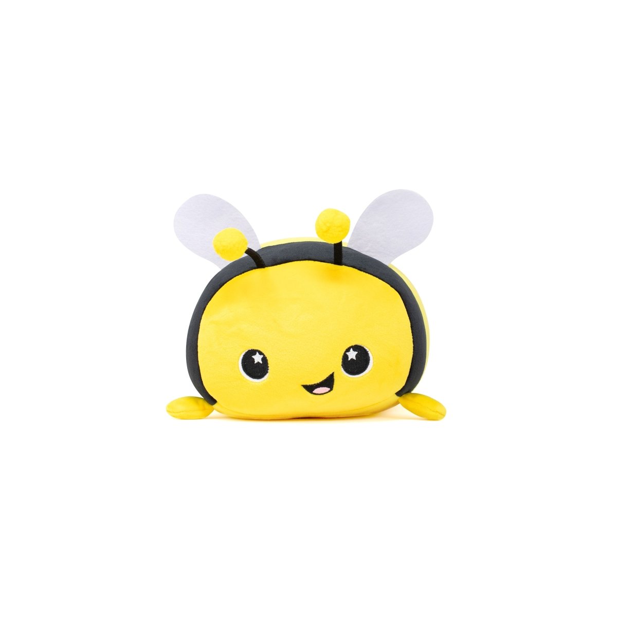 The Vee the Bee 2-In-1 Travel Pillow is a plush yellow bee-shaped toy with a cute smiling face, black eyes accented by white sparkles, small arms, and white wings.