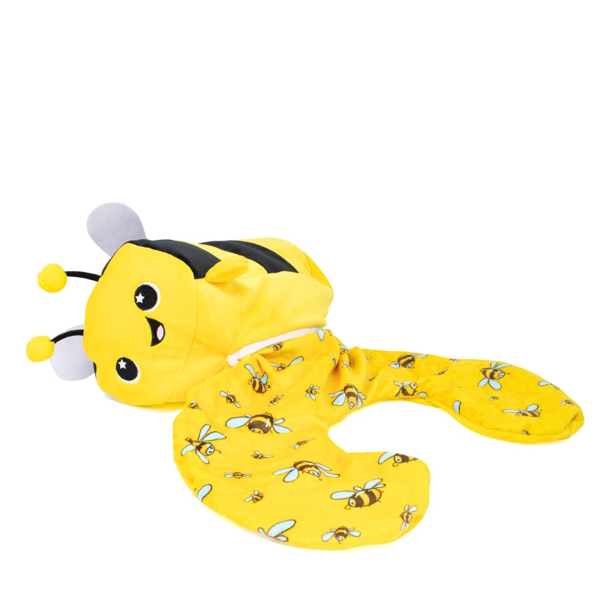 The Vee the Bee 2-In-1 Travel Pillow is a yellow and black bee-themed plushie with a smiling face, antennae, and extended body featuring a wing pattern, resembling a cheerful toy bee.