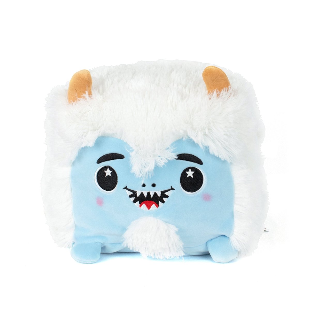 Yara the Yeti is a square, plush toy with a blue face, white fluffy fur, small orange horns, starry embroidered eyes, a smiling mouth with pointed teeth, tiny blue feet—and it's machine washable for easy care.