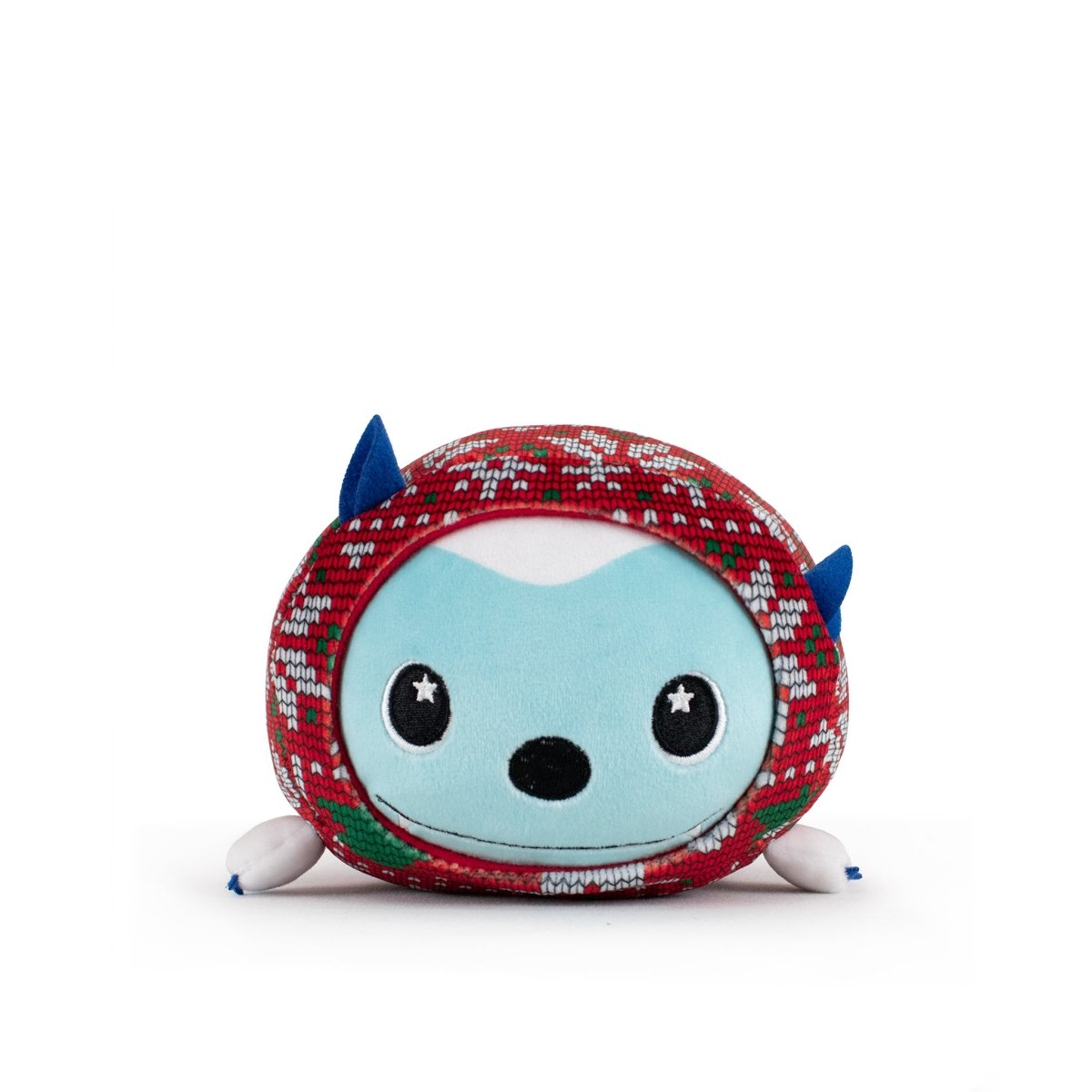 Artie the Yeti Slumber is a round blue plush toy with big black eyes, small blue ears, and white arms, dressed in a red and green festive sweater. The holiday plushie is shown against a plain white background.