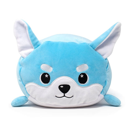 Yuki the Snow Fox Plushie is an adorable, round plush toy resembling a blue and white dog with large ears, starry cartoon eyes, and a small black nose on its white muzzle, all showcased against a plain white background.