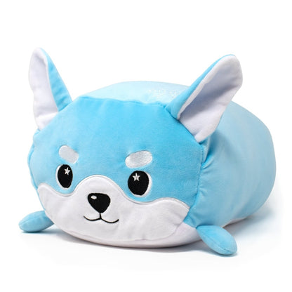 Yuki the Snow Fox Plushie is a soft, light blue plush pillow resembling a cartoon dog with white accents on its face and ears, featuring large ears and expressive eyes for a cute and playful appearance.
