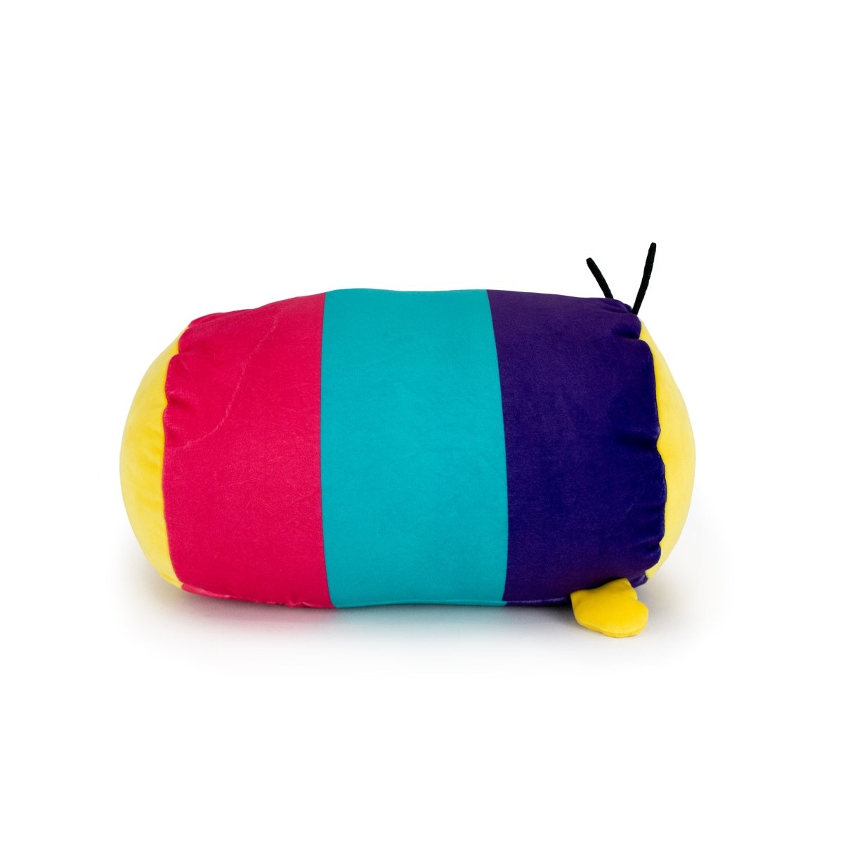 Zoid the Caterpillar is a plush pillow with colorful horizontal stripes in red, teal, and purple, yellow ends, small wings, and two black antennae.