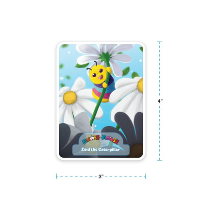 A cheerful cartoon caterpillar with a big smile rests on a green stem amid large white daisies under a blue sky with white spots. "Zoid the Caterpillar" is printed below. This Moosh-Moosh 3" x 4" vinyl sticker brightens any surface.