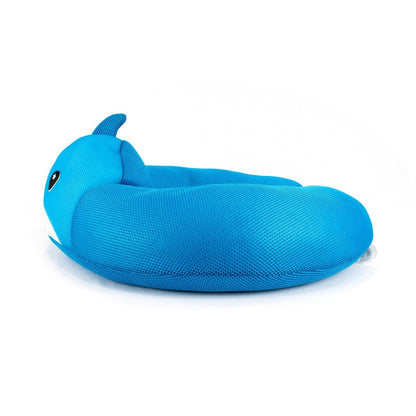 The Azul Crescent 23" Aqua Plush is a bright blue, round cushion with a cute animal face and ears, resembling a cartoon whale or fish. Water-friendly and plush, it’s perfect as a soft pool toy and is shown on a white background.