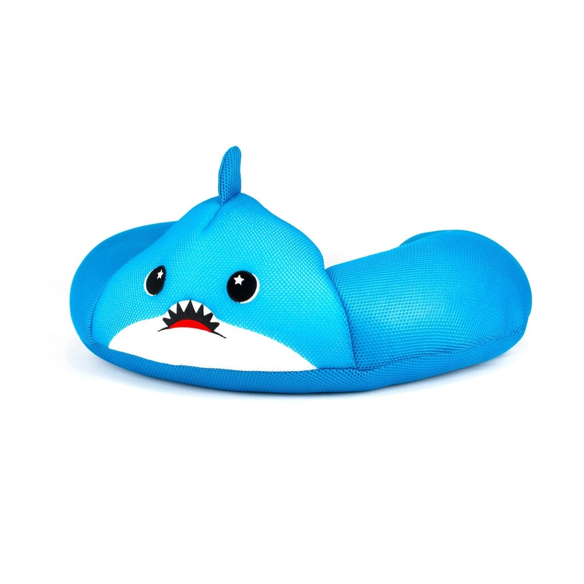 The Azul Crescent 23" Aqua Plush is a blue travel neck pillow shaped like a cute cartoon shark, featuring big eyes, a top fin, and an open mouth with small teeth.