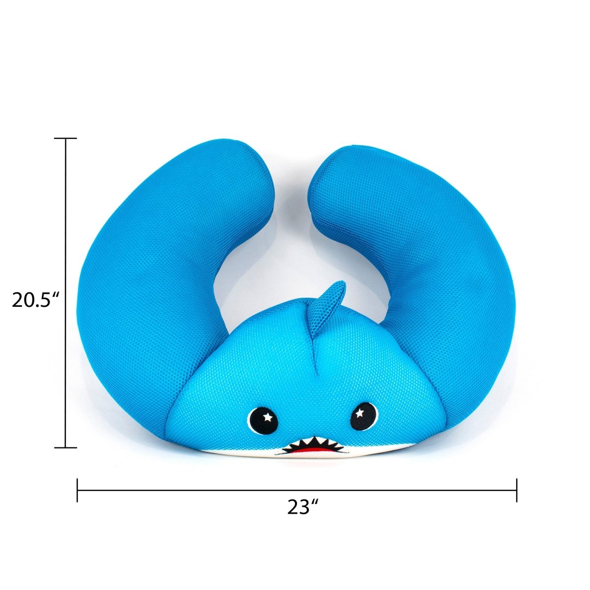 The Azul Crescent 23" Aqua Plush is a blue shark neck pillow with cartoon eyes and an open mouth, measuring 20.5x23 inches. Ideal as a water-friendly plush or playful pool toy for extra fun.