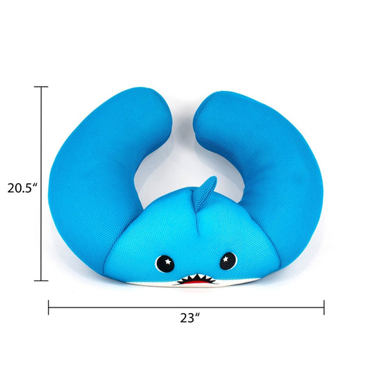 The Azul Crescent 23" Aqua Plush is a blue shark neck pillow with cartoon eyes and an open mouth, measuring 20.5x23 inches. Ideal as a water-friendly plush or playful pool toy for extra fun.