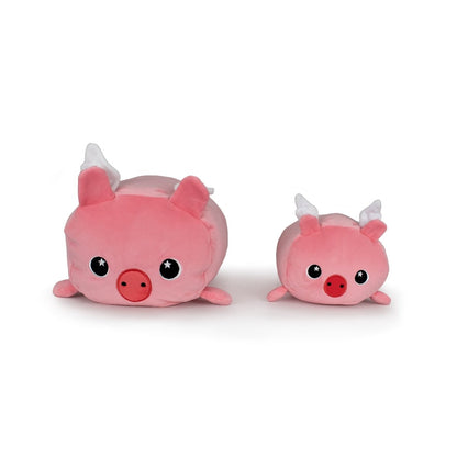 Barnaby the Flying Pig plushies, featuring pink bodies, white wings, big round eyes, and small snouts, sit side by side on a white background. The set includes two sizes: one larger Barnaby and one smaller.