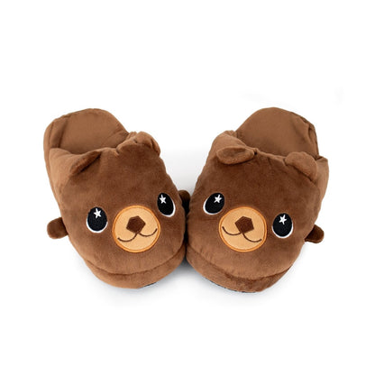 Barry the Bear Kids Slipper features brown plush material, smiling bear faces with embroidered eyes, noses, and ears. Cozy and non-slip, these kids slippers offer comfort and safety at home against a white background.