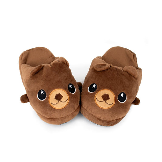 Barry the Bear Kids Slipper features brown plush material, smiling bear faces with embroidered eyes, noses, and ears. Cozy and non-slip, these kids slippers offer comfort and safety at home against a white background.