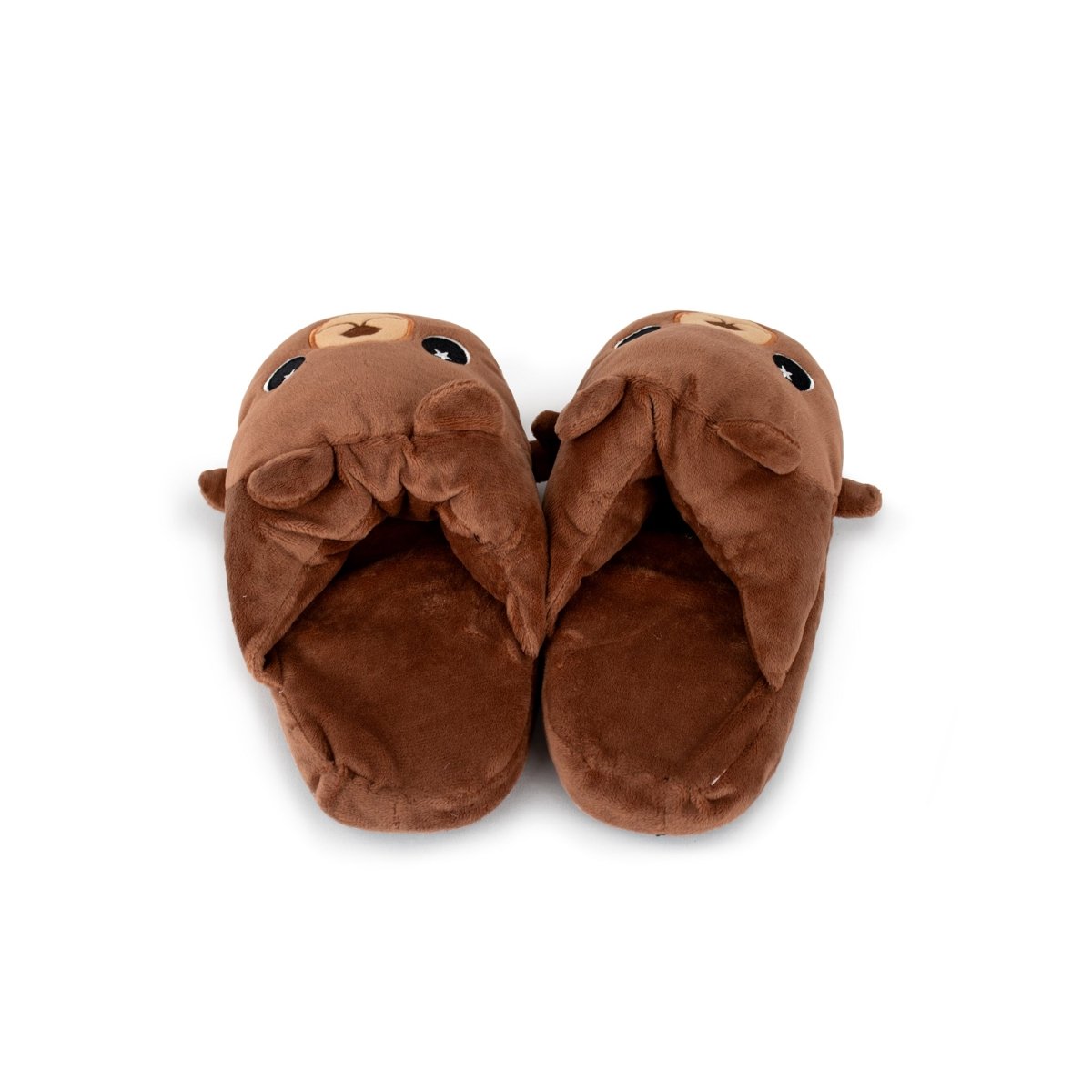 Barry the Bear Kids Slippers are brown plush house slippers for children, featuring bear faces with ears and embroidered eyes and noses, shown side by side on a white background.