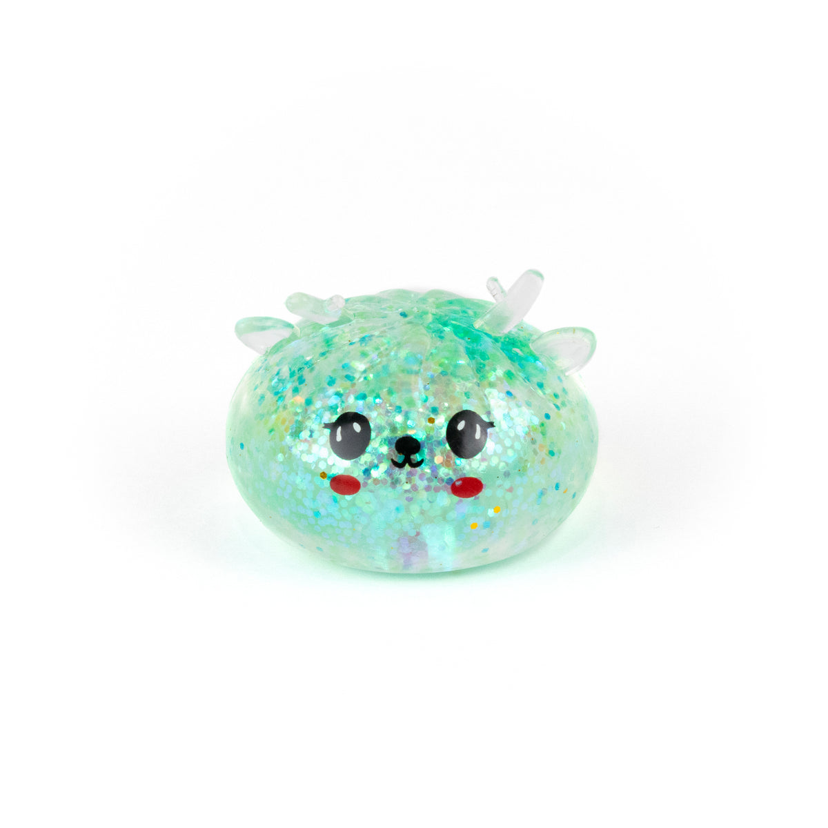 A round, glittery light-green Bubblegum’s Favorite Toy - Jr Reindeer Mystery Maltose Dumpling squeeze toy with a happy face.