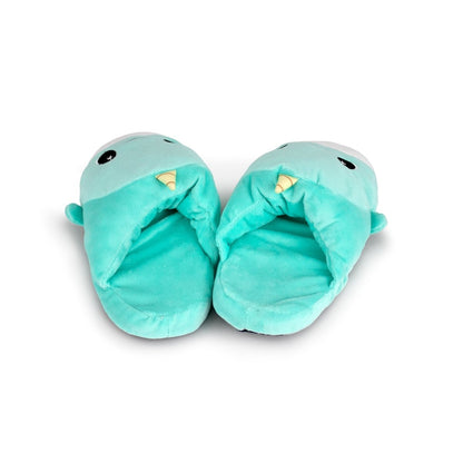 Minthe the Narwhal Kids Slipper features light blue plush slippers for kids, each with a small tusk and a smiling face, designed as adorable sea creatures and shown side by side on a white background.