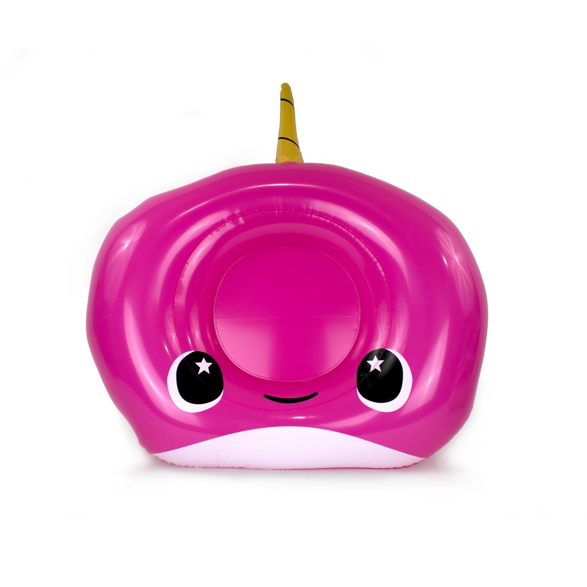 The Bubblegum 32" Inflatable Pool Float is a large, pink cartoon narwhal with big eyes, a smiling mouth, and a yellow horn—perfect for pool parties. Shown against a plain white background.